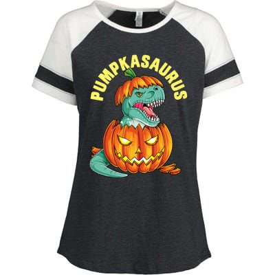 Halloween Boys  Pumpkasaurus Dinosaur Pumpkin Funny T rex Enza Ladies Jersey Colorblock Tee