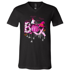 Halloween Boo Pumpkin Ribbon Witch Breast Cancer Gift V-Neck T-Shirt