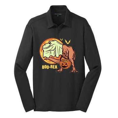 Halloween Boo Rex Trex Dinosaur Ghost Silk Touch Performance Long Sleeve Polo