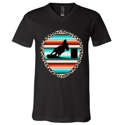 Horse Barrel Racing Serape Leopard Pattern Rodeo Cowgirl V-Neck T-Shirt