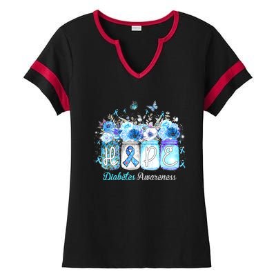 Hope Blue Ribbon Flower Jars Diabetes Awareness Ladies Halftime Notch Neck Tee