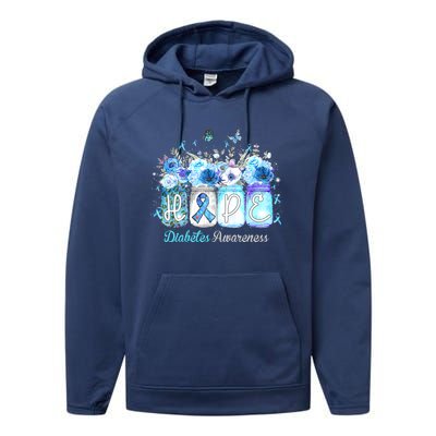 Hope Blue Ribbon Flower Jars Diabetes Awareness Performance Fleece Hoodie