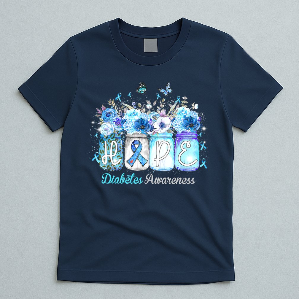 Hope Blue Ribbon Flower Jars Diabetes Awareness T-Shirt