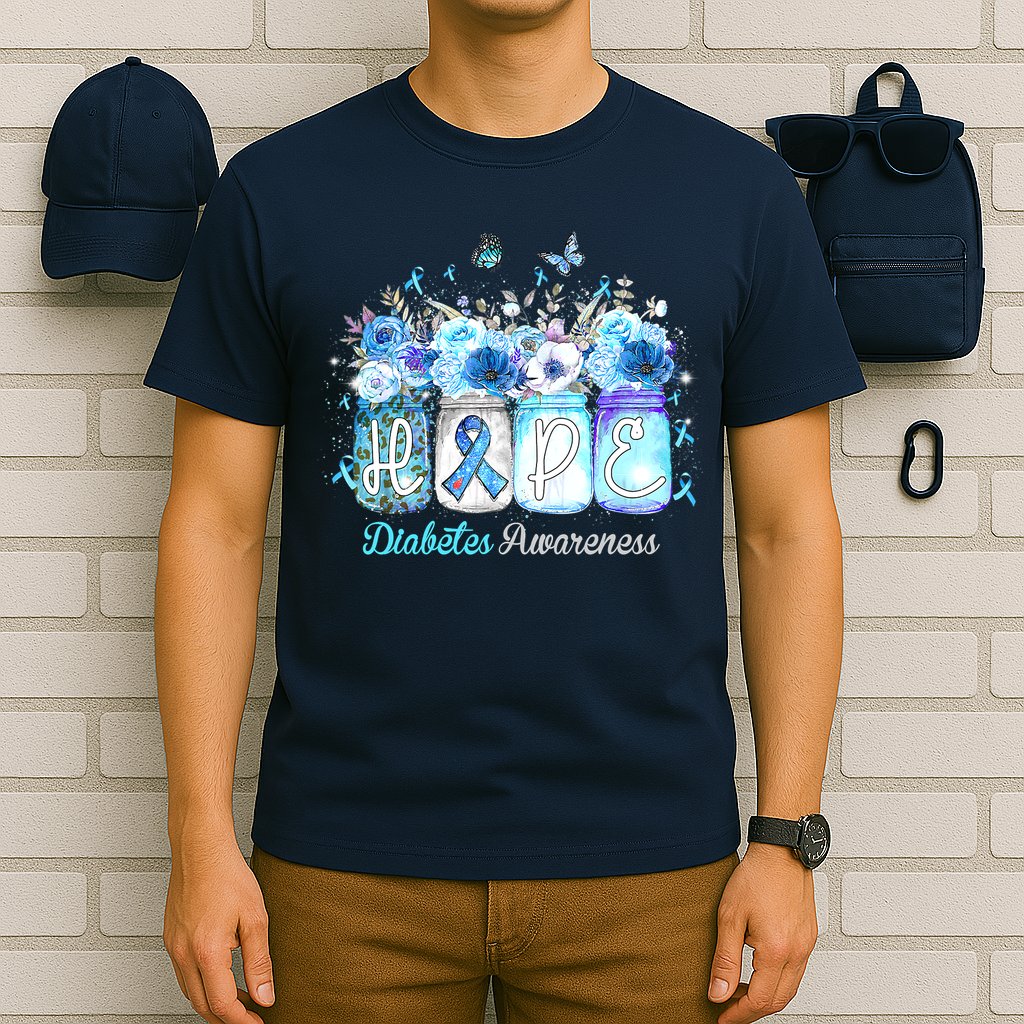 Hope Blue Ribbon Flower Jars Diabetes Awareness T-Shirt