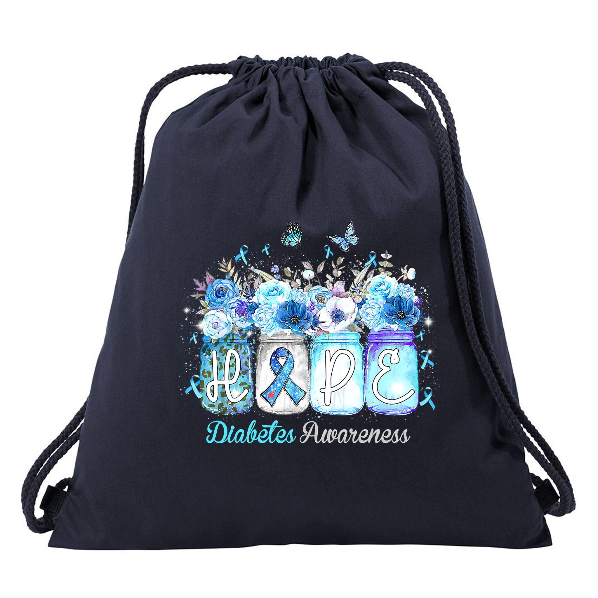 Hope Blue Ribbon Flower Jars Diabetes Awareness Drawstring Bag