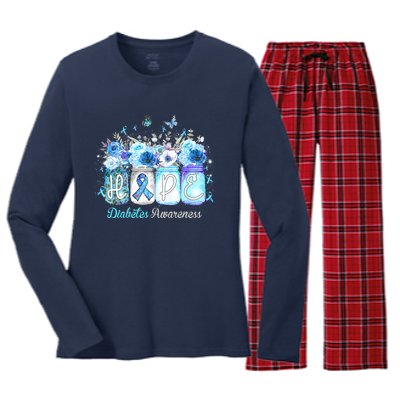 Hope Blue Ribbon Flower Jars Diabetes Awareness Women's Long Sleeve Flannel Pajama Set 