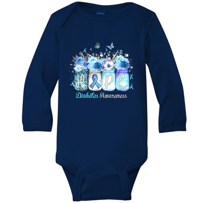 Hope Blue Ribbon Flower Jars Diabetes Awareness Baby Long Sleeve Bodysuit