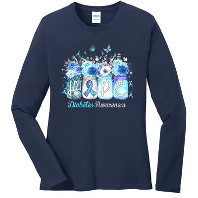 Hope Blue Ribbon Flower Jars Diabetes Awareness Ladies Long Sleeve Shirt