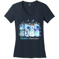 Hope Blue Ribbon Flower Jars Diabetes Awareness Women's V-Neck T-Shirt