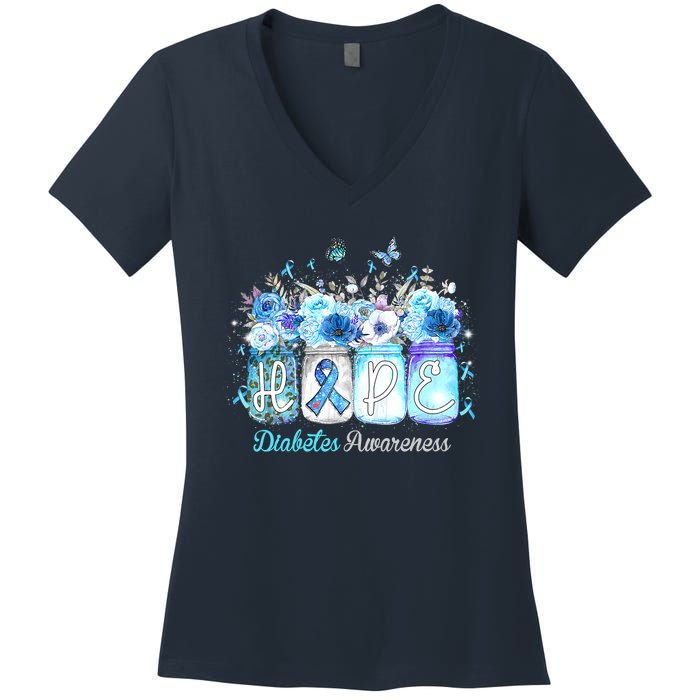 Hope Blue Ribbon Flower Jars Diabetes Awareness Women's V-Neck T-Shirt