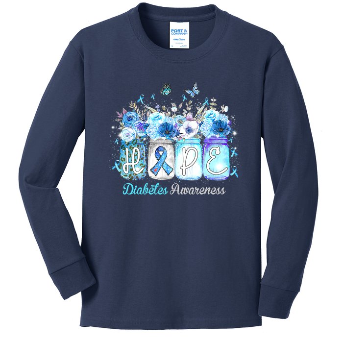 Hope Blue Ribbon Flower Jars Diabetes Awareness Kids Long Sleeve Shirt