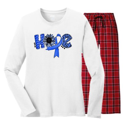 Hope Blue Ribbon Sunflower Colorectal Colon Cancer Awareness Women's Long Sleeve Flannel Pajama Set 