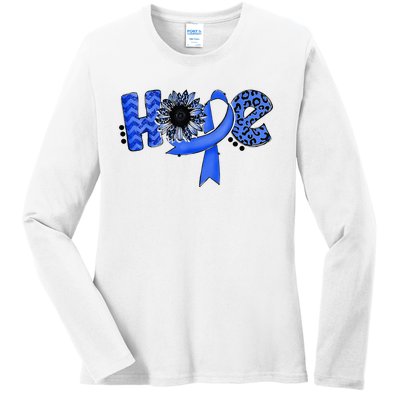 Hope Blue Ribbon Sunflower Colorectal Colon Cancer Awareness Ladies Long Sleeve Shirt