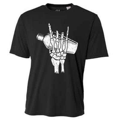 Halloween Bartender Rock On Hand Shaker Skeleton Bartending Cooling Performance Crew T-Shirt