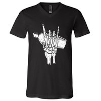 Halloween Bartender Rock On Hand Shaker Skeleton Bartending V-Neck T-Shirt