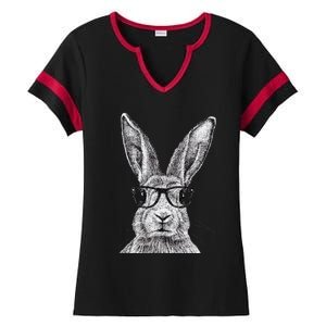 Hipster Bunny Rabbit Wearing Glasses Funny Drawing Ladies Halftime Notch Neck Tee