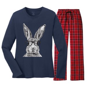 Hipster Bunny Rabbit Wearing Glasses Funny Drawing Women's Long Sleeve Flannel Pajama Set 