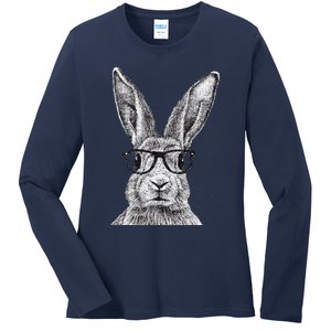 Hipster Bunny Rabbit Wearing Glasses Funny Drawing Ladies Long Sleeve Shirt