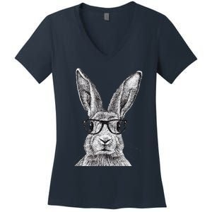 Hipster Bunny Rabbit Wearing Glasses Funny Drawing Women's V-Neck T-Shirt