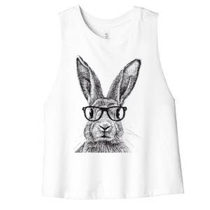 Hipster Bunny Rabbit Wearing Glasses Funny Drawing Women's Racerback Cropped Tank