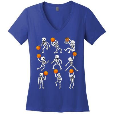 Halloween Basketball Skeletons Dunking Dribble Women's V-Neck T-Shirt