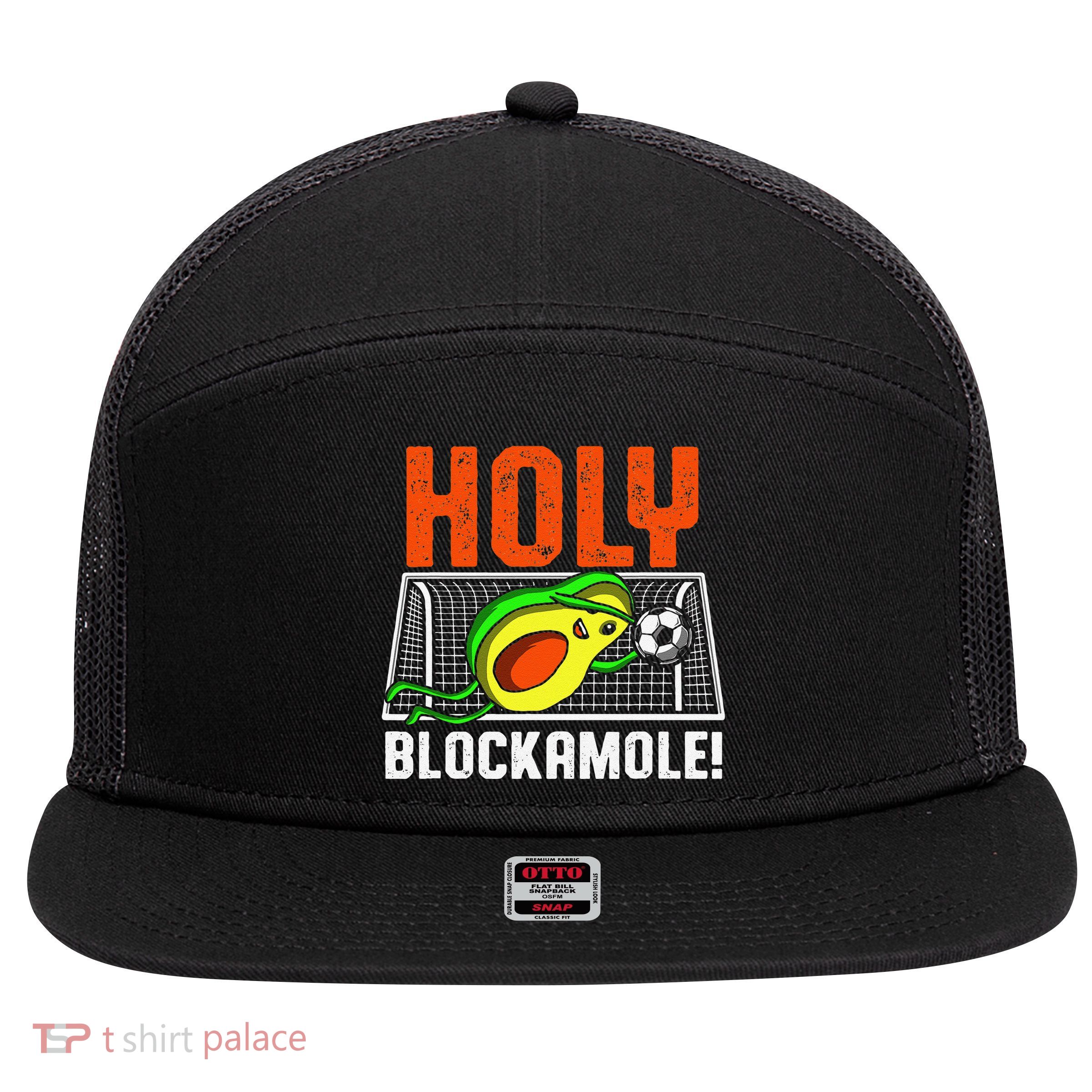 Holy Blockamole Soccer Blocker Funny Avocado Goalie 7 Panel Mesh Trucker Snapback Hat