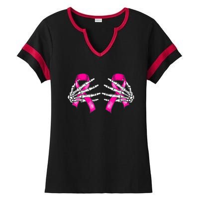 Halloween Boob Skeleton Hand On Breast Cancer Ribbon Ladies Halftime Notch Neck Tee