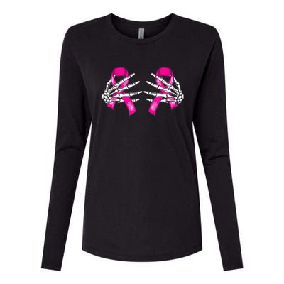 Halloween Boob Skeleton Hand On Breast Cancer Ribbon Womens Cotton Relaxed Long Sleeve T-Shirt