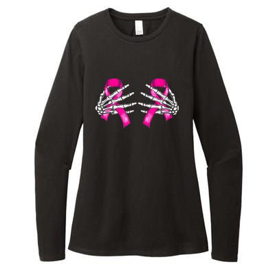 Halloween Boob Skeleton Hand On Breast Cancer Ribbon Womens CVC Long Sleeve Shirt