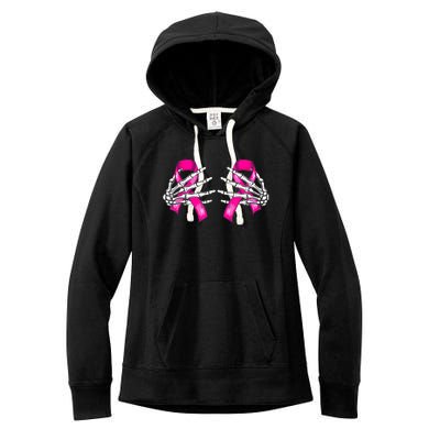 Halloween Boob Skeleton Hand On Breast Cancer Ribbon Women's Fleece Hoodie