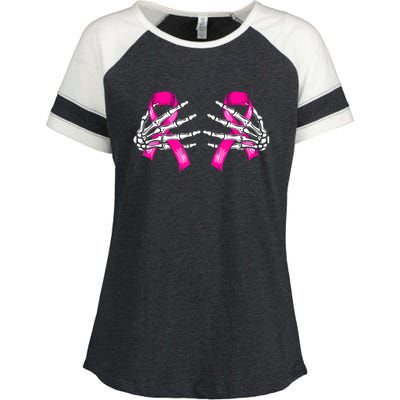 Halloween Boob Skeleton Hand On Breast Cancer Ribbon Enza Ladies Jersey Colorblock Tee