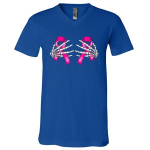 Halloween Boob Skeleton Hand On Breast Cancer Ribbon V-Neck T-Shirt