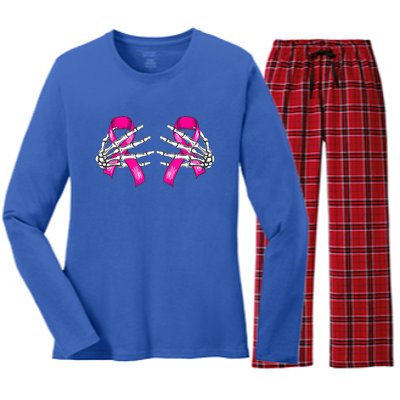 Halloween Boob Skeleton Hand On Breast Cancer Ribbon Women's Long Sleeve Flannel Pajama Set 