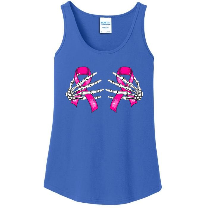 Halloween Boob Skeleton Hand On Breast Cancer Ribbon Ladies Essential Tank