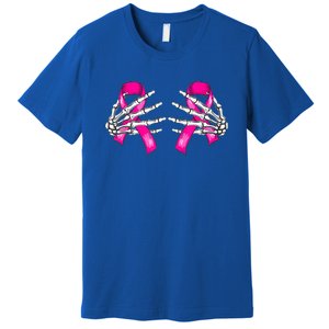 Halloween Boob Skeleton Hand On Breast Cancer Ribbon Premium T-Shirt