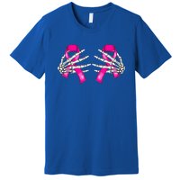 Halloween Boob Skeleton Hand On Breast Cancer Ribbon Premium T-Shirt