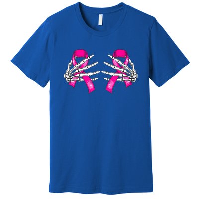 Halloween Boob Skeleton Hand On Breast Cancer Ribbon Premium T-Shirt