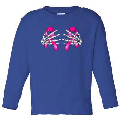 Halloween Boob Skeleton Hand On Breast Cancer Ribbon Toddler Long Sleeve Shirt