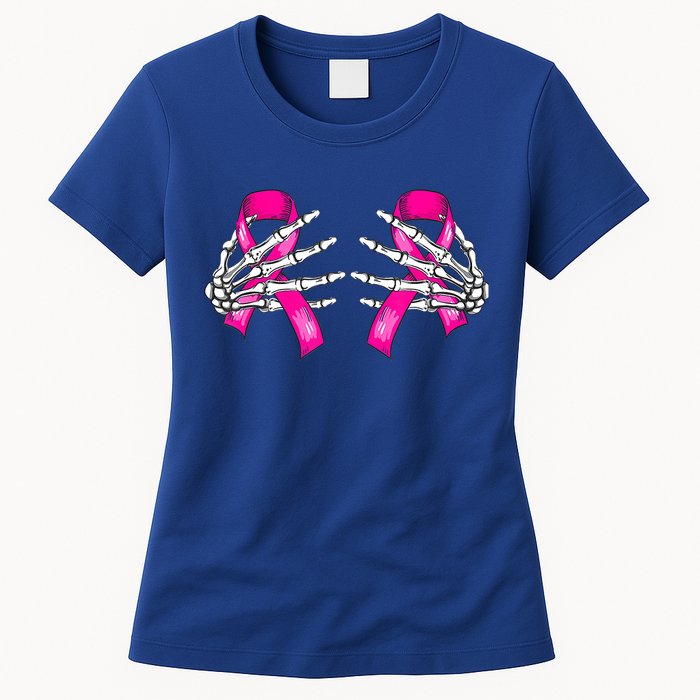 Halloween Boob Skeleton Hand On Breast Cancer Ribbon Women's T-Shirt