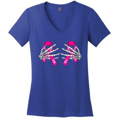 Halloween Boob Skeleton Hand On Breast Cancer Ribbon Women's V-Neck T-Shirt