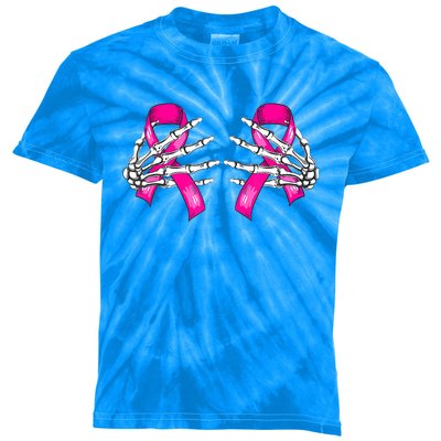 Halloween Boob Skeleton Hand On Breast Cancer Ribbon Kids Tie-Dye T-Shirt