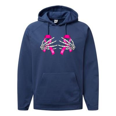 Halloween Boob Skeleton Hand On Breast Cancer Ribbon Performance Fleece Hoodie