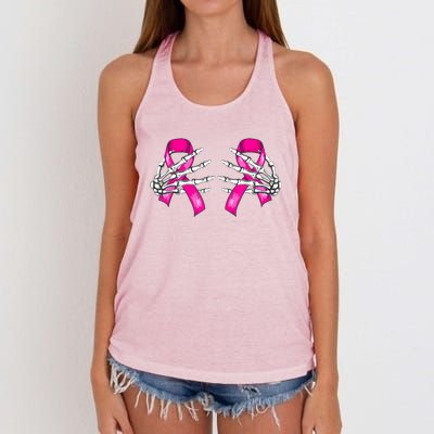 Halloween Boob Skeleton Hand On Breast Cancer Ribbon Women's Knotted Racerback Tank