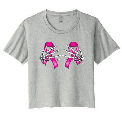 Halloween Boob Skeleton Hand On Breast Cancer Ribbon Women's Crop Top Tee