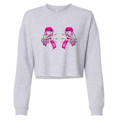 Halloween Boob Skeleton Hand On Breast Cancer Ribbon Cropped Pullover Crew