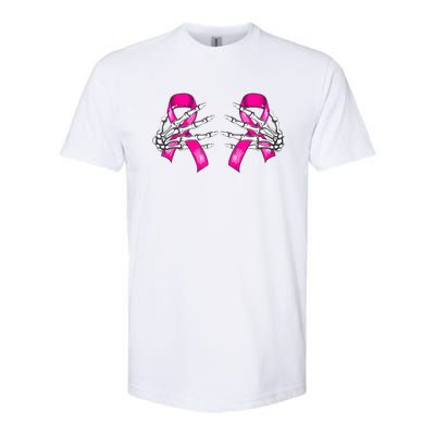 Halloween Boob Skeleton Hand On Breast Cancer Ribbon Softstyle CVC T-Shirt