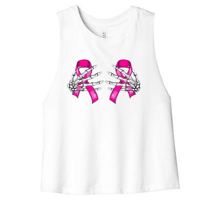 Halloween Boob Skeleton Hand On Breast Cancer Ribbon Women's Racerback Cropped Tank