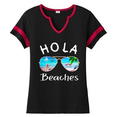 Hola Beaches Summer Sunglasses Flamingo Beach Ocean Ladies Halftime Notch Neck Tee