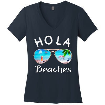 Hola Beaches Summer Sunglasses Flamingo Beach Ocean Women's V-Neck T-Shirt