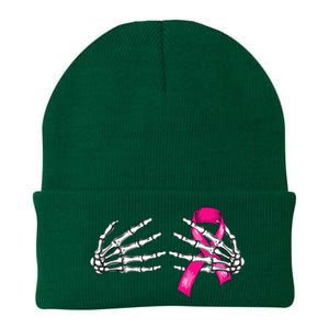 Halloween Boob Skeleton Hand On Breast Cancer Ribbon Knit Cap Winter Beanie